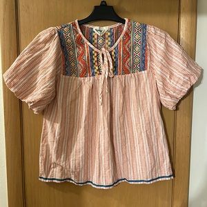 Savanna Jane Embroidered Striped Boho Top Blouse Orange White Size Large